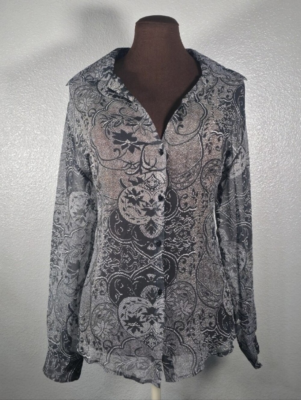 Sheer 100% Silk Floral Button Down Shirt 1x Vision Apparel
